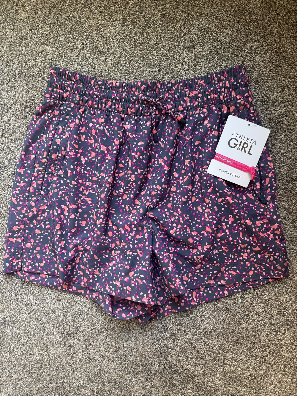 Athleta Girl Navy with Pink Confetti Print Athletic Shorts